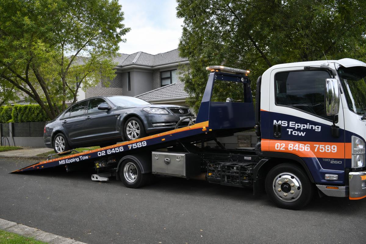 Car being loaded onto MS Epping Tow flatbed truck