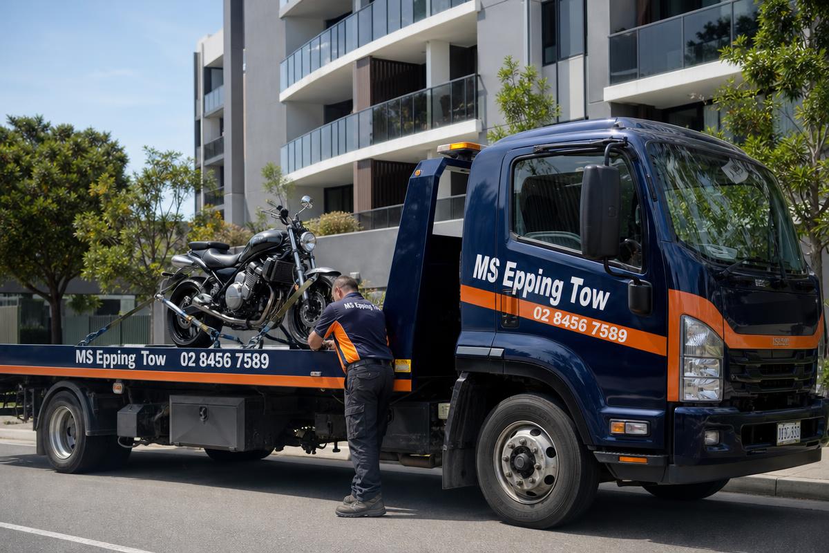 Motorbike secured on MS Epping Tow truck bed